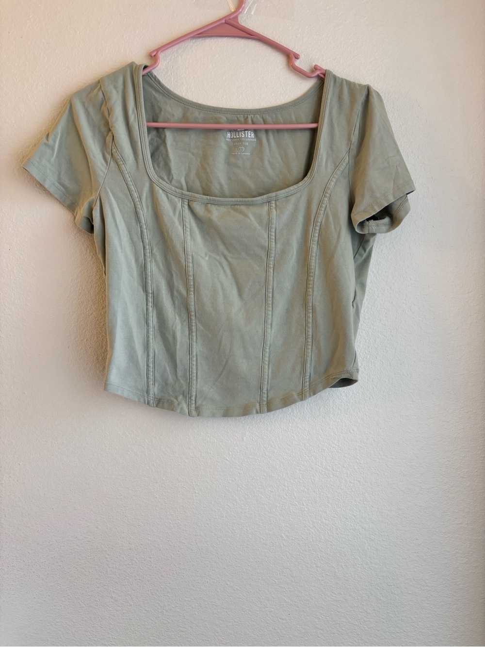 Hollister Large Sage Green Square Neck Seamed Crop Top Short Sleeve Y2K